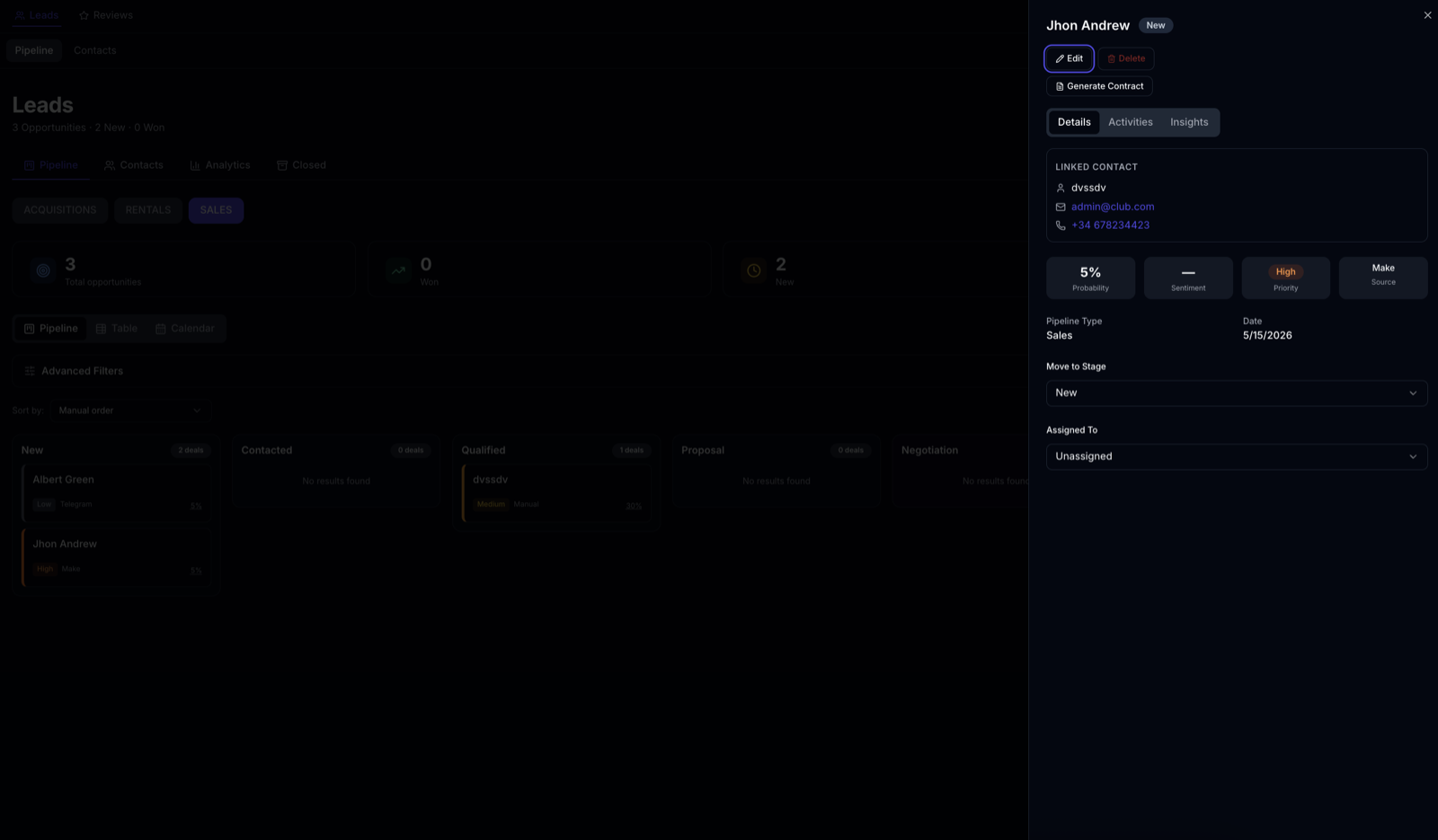 BAI Business CRM — kanban pipeline with auto scoring and lead detail panel