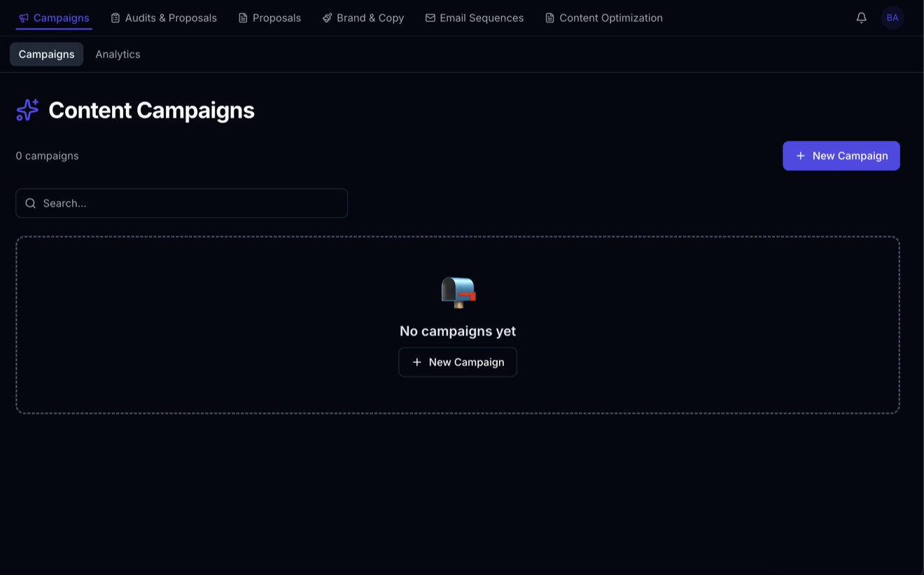 BAI Business Marketing module — campaigns, audits, email sequences and proposals