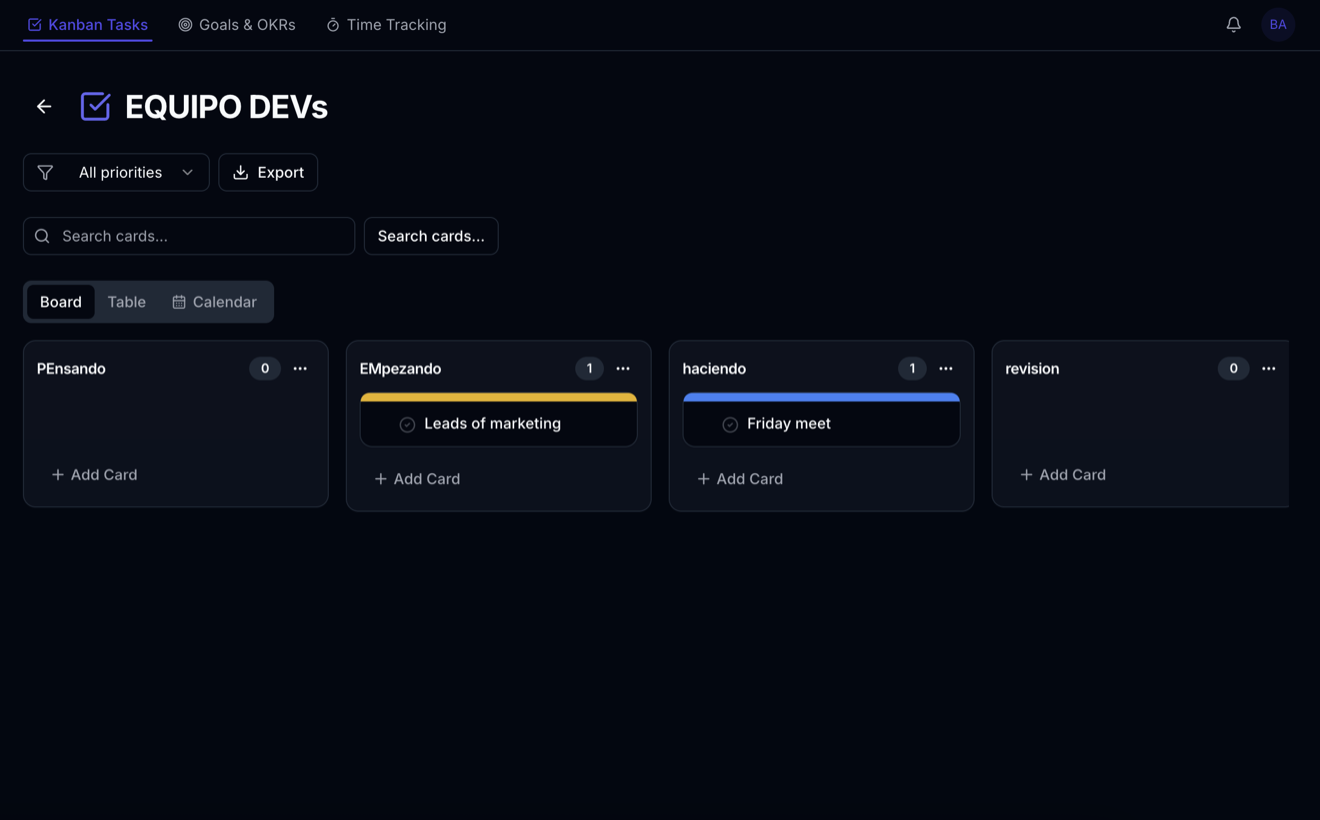 BAI Business Tasks module — kanban, goals & OKRs and team time tracking